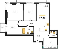 Планировка трехкомнатной(квартира) площадью 87.43 квадратных метров в “ЖК Пригород Лесное”