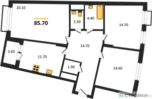 Планировка трехкомнатной(квартира) площадью 85.7 квадратных метров в “ЖК Римский”