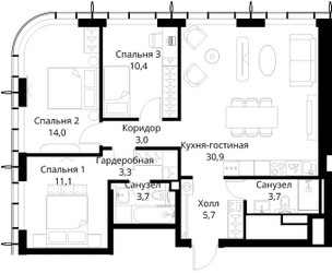 Планировка трехкомнатной(квартира) площадью 85.8 квадратных метров в ЖК “ЖК Сити Бэй”