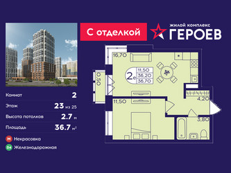 Планировка двухкомнатной(квартира) площадью 36.7 квадратных метров в ЖК “ЖК Героев”