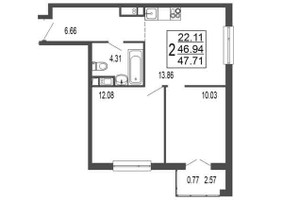 Планировка двухкомнатной(квартира) площадью 46.73 квадратных метров в “ЖК Гармония Парк”