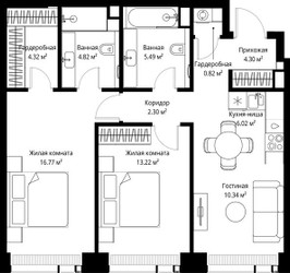 Планировка двухкомнатной(квартира) площадью 68.4 квадратных метров в ЖК “ЖК Веер”