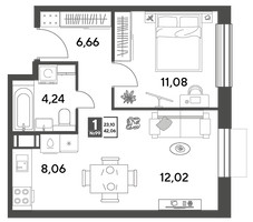 Планировка однокомнатной(квартира) площадью 42.06 квадратных метров в “ЖК Публицист”