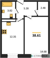 Планировка однокомнатной(квартира) площадью 38.61 квадратных метров в “Ласточкино”