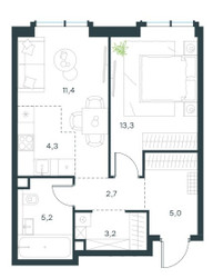 Планировка двухкомнатной(квартира) площадью 45 квадратных метров в ЖК “ЖК Павелецкая Сити”