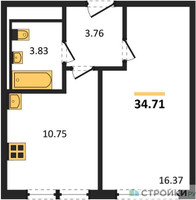 Планировка однокомнатной(квартира) площадью 34.71 квадратных метров в “ЖК Остафьево”