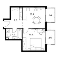 Планировка однокомнатной(апартаменты) площадью 42.1 квадратных метров в “Апарт-комплекс Аквилон Сигнал”