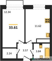 Планировка однокомнатной(квартира) площадью 33.61 квадратных метров в “ЖК Новоград Павлино”