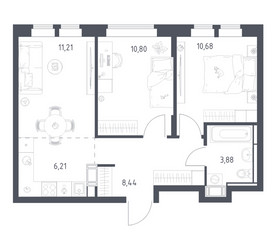 Планировка двухкомнатной(квартира) площадью 51.22 квадратных метров в ЖК “ЖК Большое Путилково”