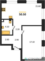 Планировка однокомнатной(квартира) площадью 50.5 квадратных метров в ЖК “ЖК Shagal (Шагал)”