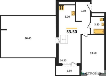 Планировка однокомнатной(апартаменты) площадью 53.5 квадратных метров в ЖК “ЖК Равновесие”