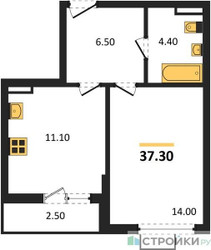 Планировка однокомнатной(квартира) площадью 37.3 квадратных метров в ЖК “ЖК Бунинские кварталы”