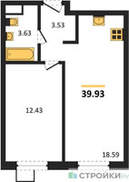 Планировка однокомнатной(квартира) площадью 39.93 квадратных метров в “ЖК Квартал Тетрис”