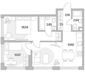 Планировка трехкомнатной(квартира) площадью 59.22 квадратных метров в ЖК “ЖК MYPRIORITY Mnevniki (Май Приорити Мневники)”