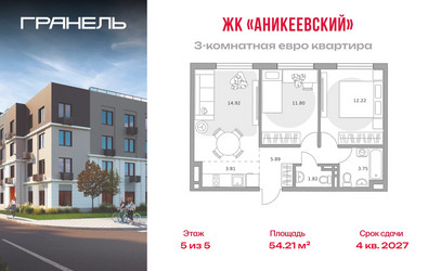 Планировка трехкомнатной(квартира) площадью 54.21 квадратных метров в ЖК “ЖК Аникеевский”