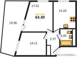 Планировка двухкомнатной(квартира) площадью 63.3 квадратных метров в “Жилой квартал Кутузов Град”