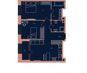 Планировка трехкомнатной(квартира) площадью 70.5 квадратных метров в ЖК “ЖК Эра”