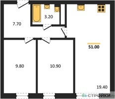 Планировка двухкомнатной(квартира) площадью 51 квадратных метров в “ЖК Южная Долина”