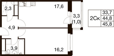 Планировка однокомнатной(квартира) площадью 44.2 квадратных метров в ЖК “ЖК Идеал”