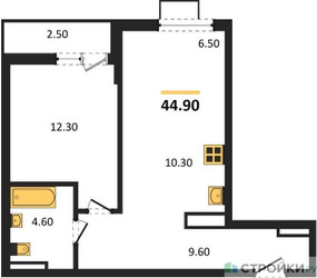 Планировка однокомнатной(квартира) площадью 44.9 квадратных метров в ЖК “ЖК Дзен-кварталы”