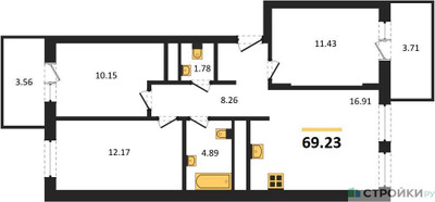 Планировка трехкомнатной(квартира) площадью 69.23 квадратных метров в ЖК “ЖК ВОСТОК II”