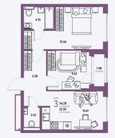 Планировка трехкомнатной(квартира) площадью 54.28 квадратных метров в “ЖК Страна.Парковая”