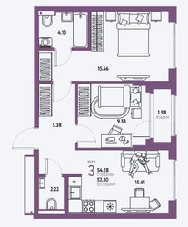 Планировка трехкомнатной(квартира) площадью 54.28 квадратных метров в ЖК “ЖК Страна.Парковая”