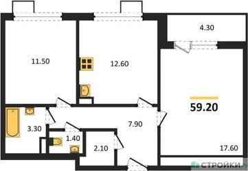 Планировка двухкомнатной(квартира) площадью 59.2 квадратных метров в ЖК “ЖК 1-й Южный (Первый Южный)”