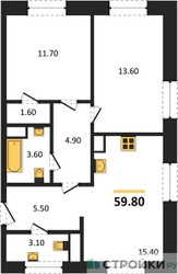 Планировка двухкомнатной(квартира) площадью 59.8 квадратных метров в ЖК “ЖК Voxhall (Воксхолл)”