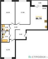 Планировка трехкомнатной(квартира) площадью 86.7 квадратных метров в “ЖК Заречье Парк”