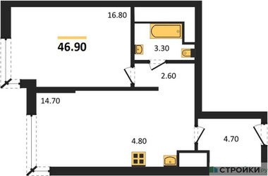 Планировка однокомнатной(квартира) площадью 46.9 квадратных метров в ЖК “ЖК VERY на Миклухо-Маклая (Вери на Миклухо-Маклая)”