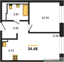 Планировка однокомнатной(квартира) площадью 34.48 квадратных метров в ЖК “ЖК Молжаниново”