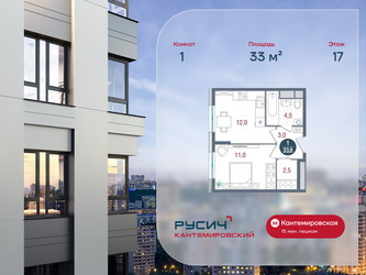 Планировка однокомнатной(квартира) площадью 33 квадратных метров в ЖК “ЖК РУСИЧ-Кантемировский”