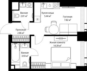 Планировка однокомнатной(квартира) площадью 37.25 квадратных метров в ЖК “ЖК Веер”