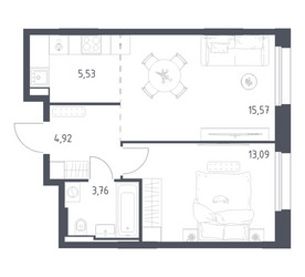 Планировка однокомнатной(квартира) площадью 42.87 квадратных метров в ЖК “ЖК Заречье Парк”
