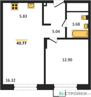 Планировка однокомнатной(квартира) площадью 43.7 квадратных метров в “ЖК Новоград Павлино”