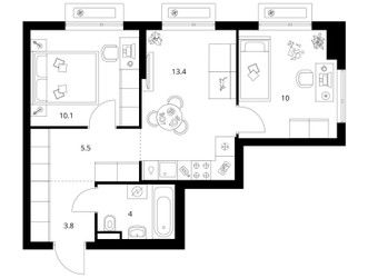 Планировка двухкомнатной(квартира) площадью 46.8 квадратных метров в ЖК “ЖК Зеленый парк”
