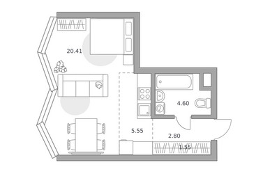 Планировка однокомнатной(квартира) площадью 34.91 квадратных метров в ЖК “ЖК Мневники от Гранель”
