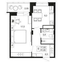Планировка однокомнатной(квартира) площадью 41.1 квадратных метров в “ЖК Времена года”