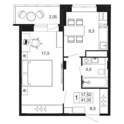 Планировка однокомнатной(квартира) площадью 41.1 квадратных метров в ЖК “ЖК Времена года”