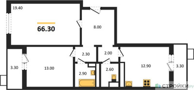 Планировка двухкомнатной(квартира) площадью 66.3 квадратных метров в ЖК “ЖК Пироговская Ривьера”