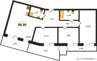Планировка трехкомнатной(квартира) площадью 88.3 квадратных метров в “ЖК Прайм квартал Отрада на реке”