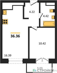 Планировка однокомнатной(квартира) площадью 36.3 квадратных метров в ЖК “ЖК Одинбург”