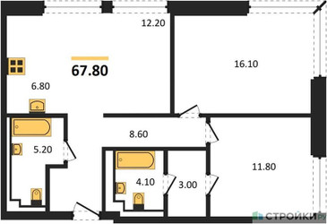 Планировка двухкомнатной(квартира) площадью 67.8 квадратных метров в ЖК “ЖК INJOY (Инджой)”