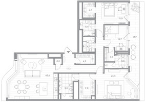 Планировка трехкомнатной(квартира) площадью 172 квадратных метров в “Клубный дом PHANTOM (Фантом)”