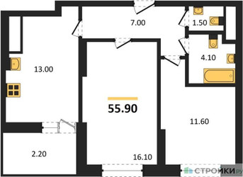 Планировка двухкомнатной(квартира) площадью 55.9 квадратных метров в ЖК “ЖК Рассказово”