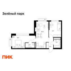Планировка двухкомнатной(квартира) площадью 57.1 квадратных метров в ЖК “ЖК Зеленый парк”