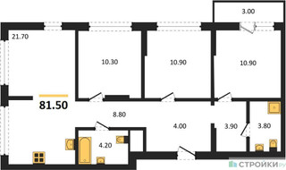 Планировка трехкомнатной(квартира) площадью 81.5 квадратных метров в “ЖК Первый квартал”