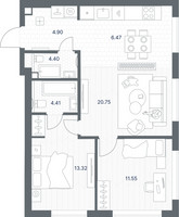 Планировка двухкомнатной(квартира) площадью 65.8 квадратных метров в “ЖК TATE (Тэйт)”