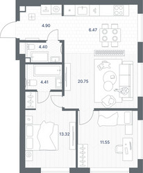 Планировка двухкомнатной(квартира) площадью 65.8 квадратных метров в ЖК “ЖК TATE (Тэйт)”